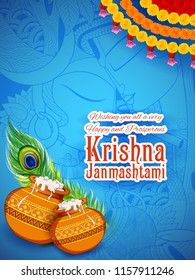 illustration of dahi handi celebration in Happy Janmashtami festival background of India