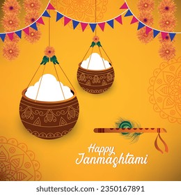 illustration of dahi handi celebration in Happy Janmashtami festival background of India