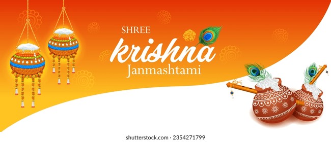 illustration of dahi handi (pot of cream) celebration in Indian religious traditional festival background of India with text meaning Happy Krishna Janmashtami