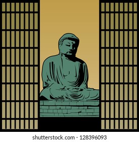 Illustration of Daibutsu statue in Japan at sunset, vector