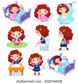 Illustration of daily routine activities for kids with cute girl