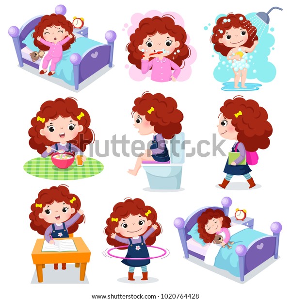 Illustration of daily routine activities for kids
with cute girl