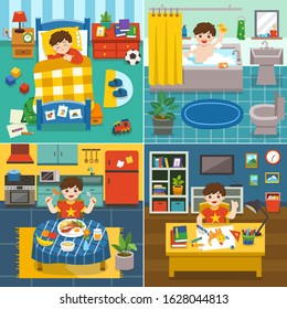 Illustration of The daily routine of  Adorable little Boy sleeping in the bed, taking a bath in bathtub, have breakfast, drawing the picture.