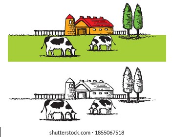 Illustration Of The Dairy Farming. Ranch Landscape.