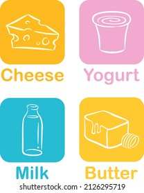 Illustration of Dairy Grocery Section Icons of Cheese, Yogurt, Milk and Butter