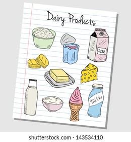 Illustration of dairy products colored doodles on lined paper