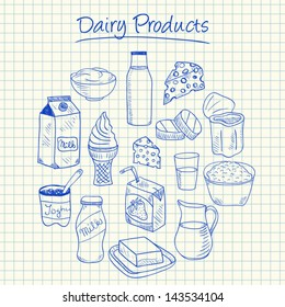 Illustration of dairy products ink doodles on squared paper