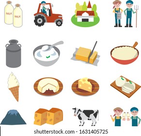 Illustration of dairy products taken by dairy cows on dairy farm