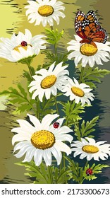 Illustration with daisies and insects. Vector illustration with daisies, butterfly and ladybugs on a colored background.