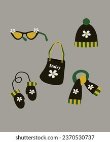 Illustration of Daisy Accessories with Sunglasses, Hat, Scarf, Mittens