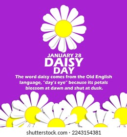 Illustration of daisy flowers with bold text and sentence on purple background to commemorate Daisy Day on January 28