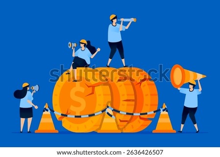 Illustration of damaged money with a yellow cone and rope, symbolizing financial warning and risks from bad investments. Can be used for risk management content, finance blogs, and investor alerts