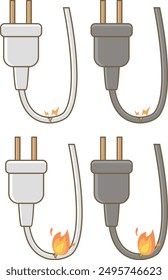 Illustration of a damaged outlet plug and cord causing a fire