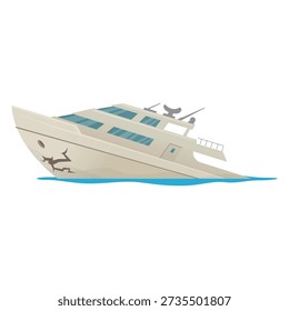 An illustration of a damaged yacht, listing and taking on water. The vessel is showing signs of distress and is approaching sinking.