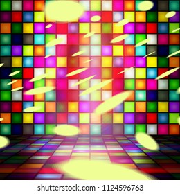 Illustration - Dance house, room. Dance floor, wall, palette of colors. Vector. Multicolor. Disco. Party.