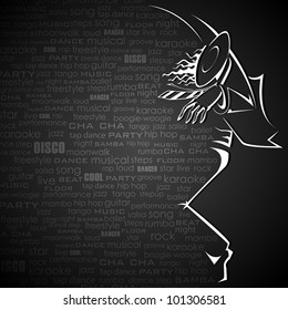 illustration of dancer in abstract background with dance word cloud