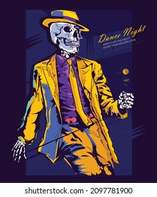 illustration dancer, colorful,  skull wearing suit cap and tie, have fun. 