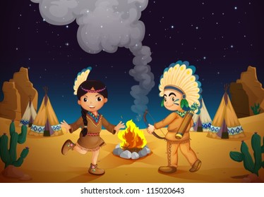 illustration of a dancing boy and girl in night sky
