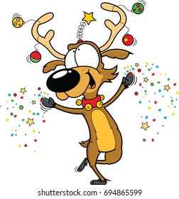 Illustration of a dancing cartoon reindeer. 