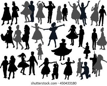 illustration with dancing child silhouettes collection isolated on white background
