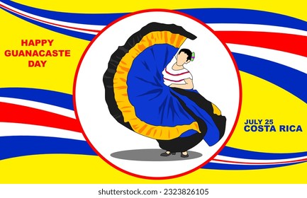 illustration of a dancing costa rica woman (Punto guanacasteca) with a costarica flag ribbon frame commemorating Guanacaste Day July 25. The annexation of Nicoya to Costa Rica
