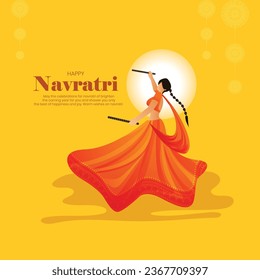 Illustration of Dancing Dandiya girl at Navratri, Happy Durga Puja, and Dussehra