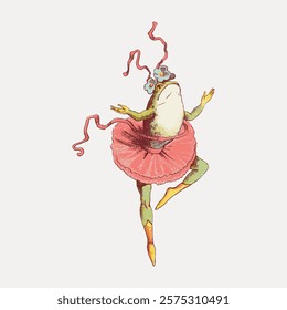 Illustration of a dancing frog in a tutu, with ribbons and ballet shoes. The frog is gracefully posed, showcasing its ballet attire and dance moves. Vintage art drawing, isolated vector element.