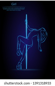 Illustration of dancing girl depicted in neon outlines. Strip club.