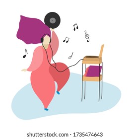 
Illustration of a dancing girl who listens to music on a player, has fun at home; 
spending time at home concept, vector illustration on a flat style