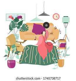 Illustration of a dancing girl who listens to music on a player, has fun at home; room is furnished with comfortable furniture and plants; vector illustration on a flat style 