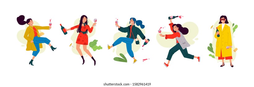 Illustration of dancing girls on Women's Day. Vector. Women celebrate the holiday, have fun and relax. Party all night long March 8th. Slightly drunken ladies, without complexes. Flat style.