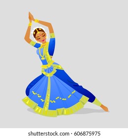 Illustration with dancing Indian woman dancing in traditional Indian style Bharatanatyam