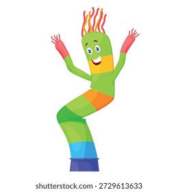 An illustration of a dancing inflatable man on a white background. The figure features a colorful design and a smiling face. He twists and bends, waving his arms up and down.