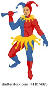 illustration of a dancing jester with a flute