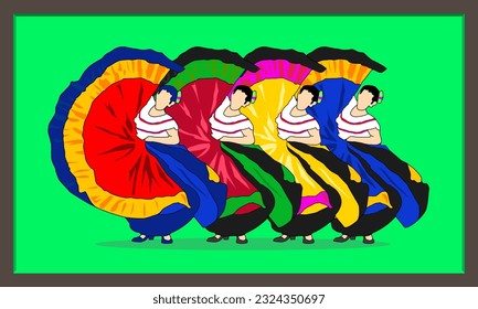 illustration of a dancing and marching costa rica women (Punto guanacasteco) with green background and brown frame
