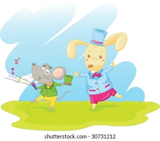 illustration of dancing mouse and rabbit