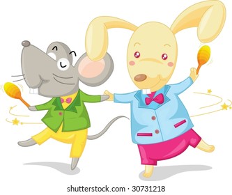 illustration of dancing mouse and rabbit