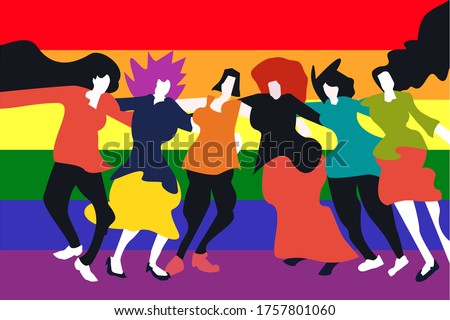 Illustration of dancing people in front of the Rainbow flag. Concept for LGBT pride parade