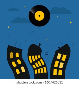 Illustration - dancing silhouettes of houses in the night city against the background of the record. Stock vector graphics