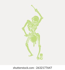 Illustration of a dancing skeleton in light green, holding a stick. The skeleton appears animated and lively, with a playful pose and energetic movement. Vintage art illustration vector.