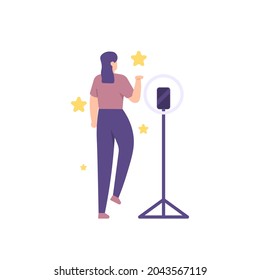 illustration of a dancing woman dancing on and recorded on a smartphone. the concept of a dancer, influencer, social media artist. people who are creating content. flat cartoon style. vector design