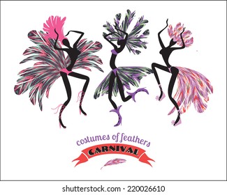 Illustration of dancing women in carnival costumes of feathers. Stylization, design element. Carnival, celebration, fun. 