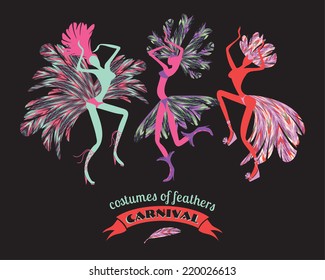 Illustration of dancing women in carnival costumes of feathers. Stylization, design element. Carnival, celebration, fun. 