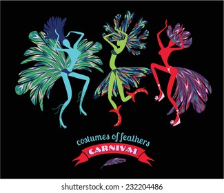 Illustration of dancing women in carnival costumes of feathers. Stylization, design element. Carnival, celebration, fun. 