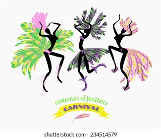 Illustration of dancing women in carnival costumes of feathers. Stylization, design element. Carnival, celebration, fun. 