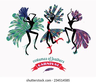 Illustration of dancing women in carnival costumes of feathers. Stylization, design element. Carnival, celebration, fun. 