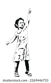 Illustration of a dancing young girl with her hand and poining finger raised.