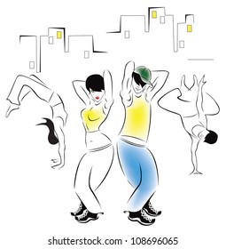 Illustration of dancing young people in the background of the urban landscape