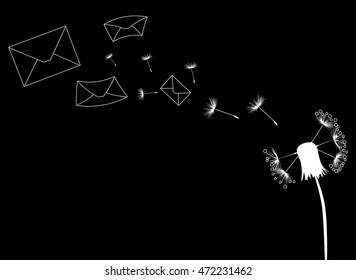 ilustración con dandelion y sobres voladores aislados en fondo negro