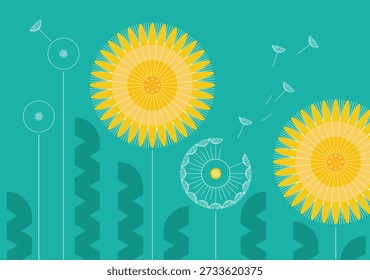 Illustration of the dandelions - spring wild flowers in modern geometric style